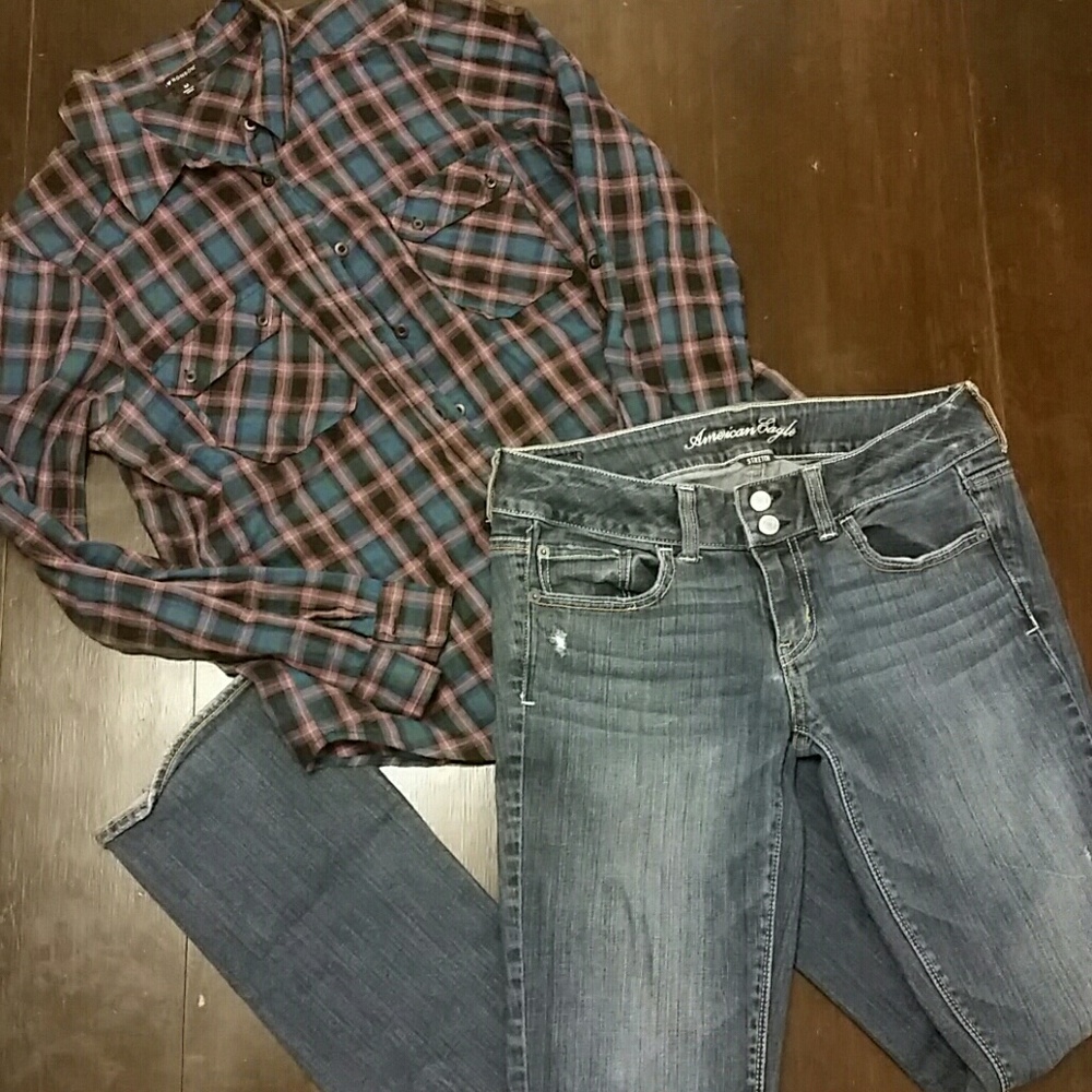 Light pink, blue and black plaid shirt